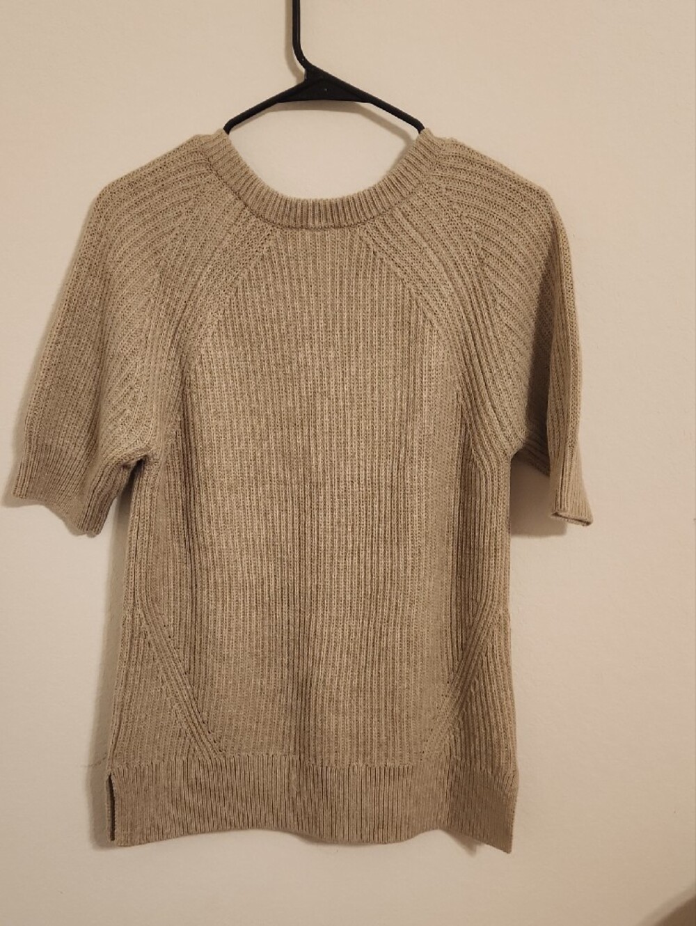 CAbi Short-Sleeve Ribbed Crewneck Sweater in Taupe - Picture 3 of 3